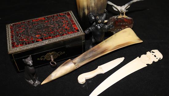 A horn beaker, an ebonised cigarette box and sundries